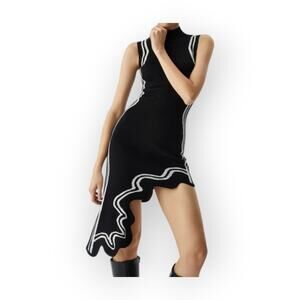 Commense Asymmetric Knit Midi Dress Mock Neck Black White Trim NWT L Modern Chic